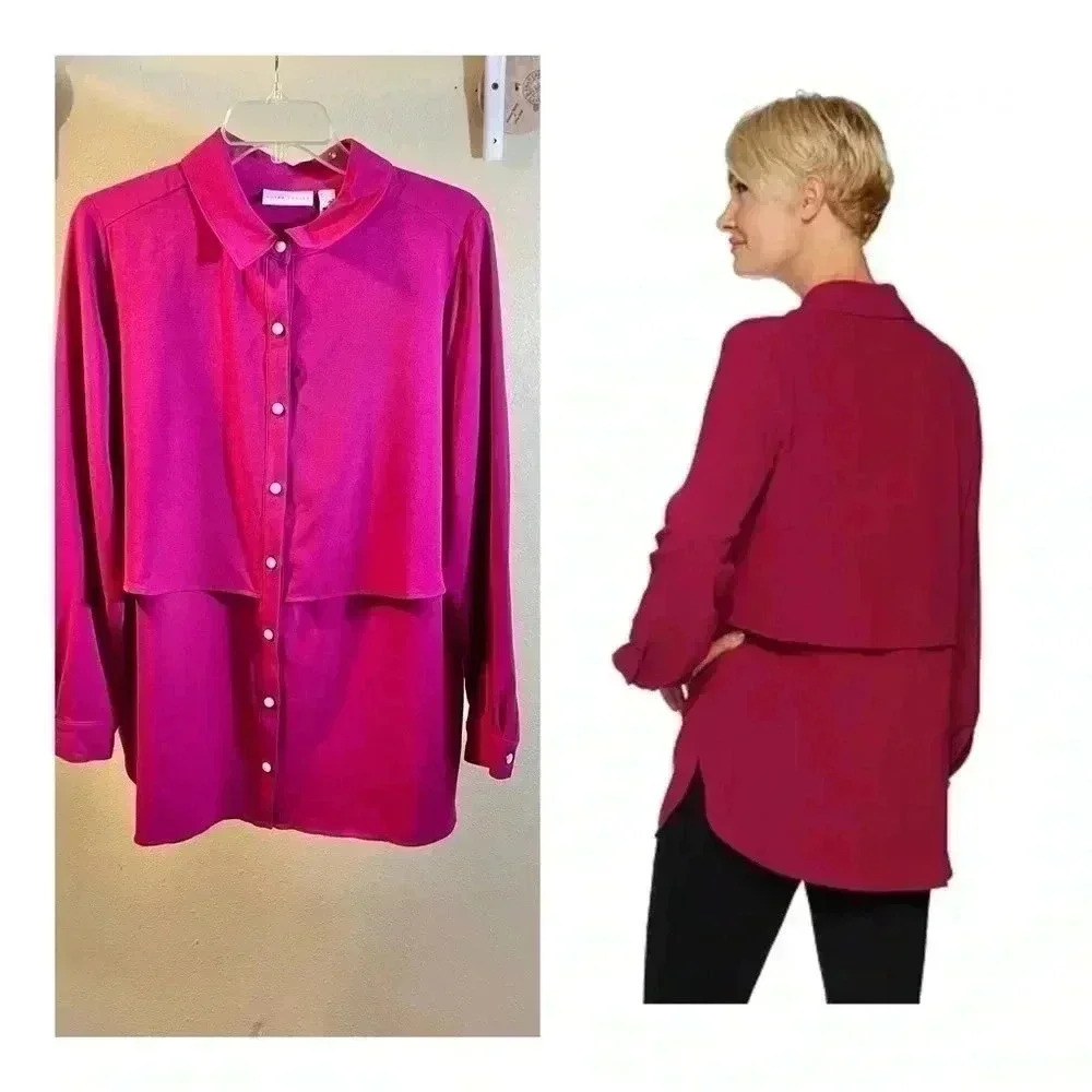 Susan Graver Sz 8P Petite Magenta Stretch Woven Button Shirt Attached Capelet